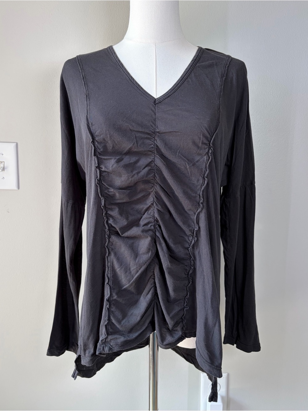 XCVI Ruched Front V-Neck Cotton Slouchy Long Sleeve Top Casual Boho Rustic